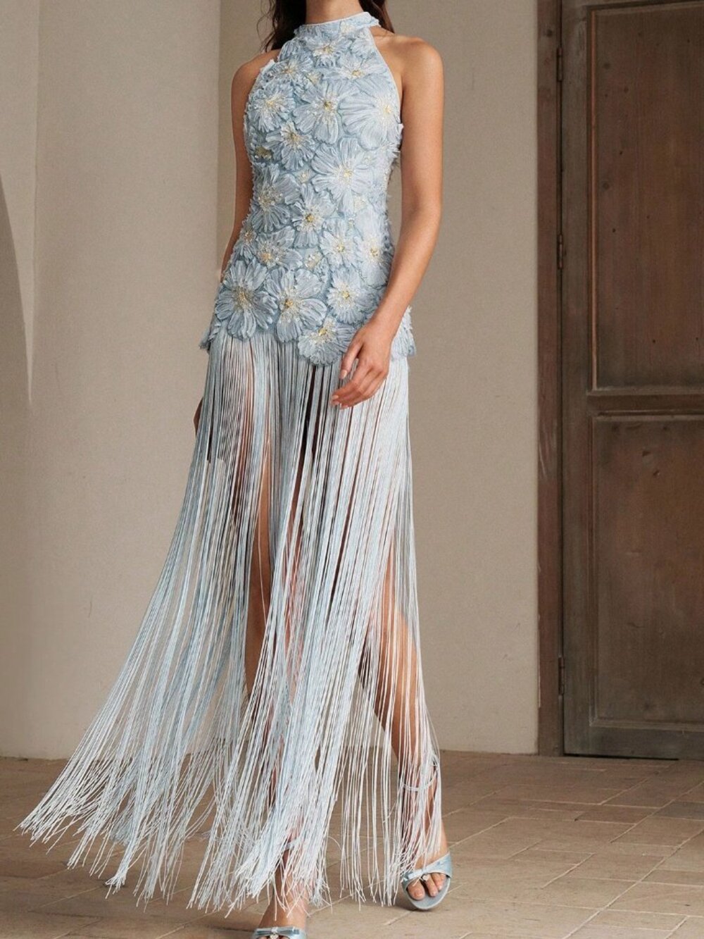 Baby Blue Romantic Women's Embroidered Tassel Neck Dress - Picture 3 of 7